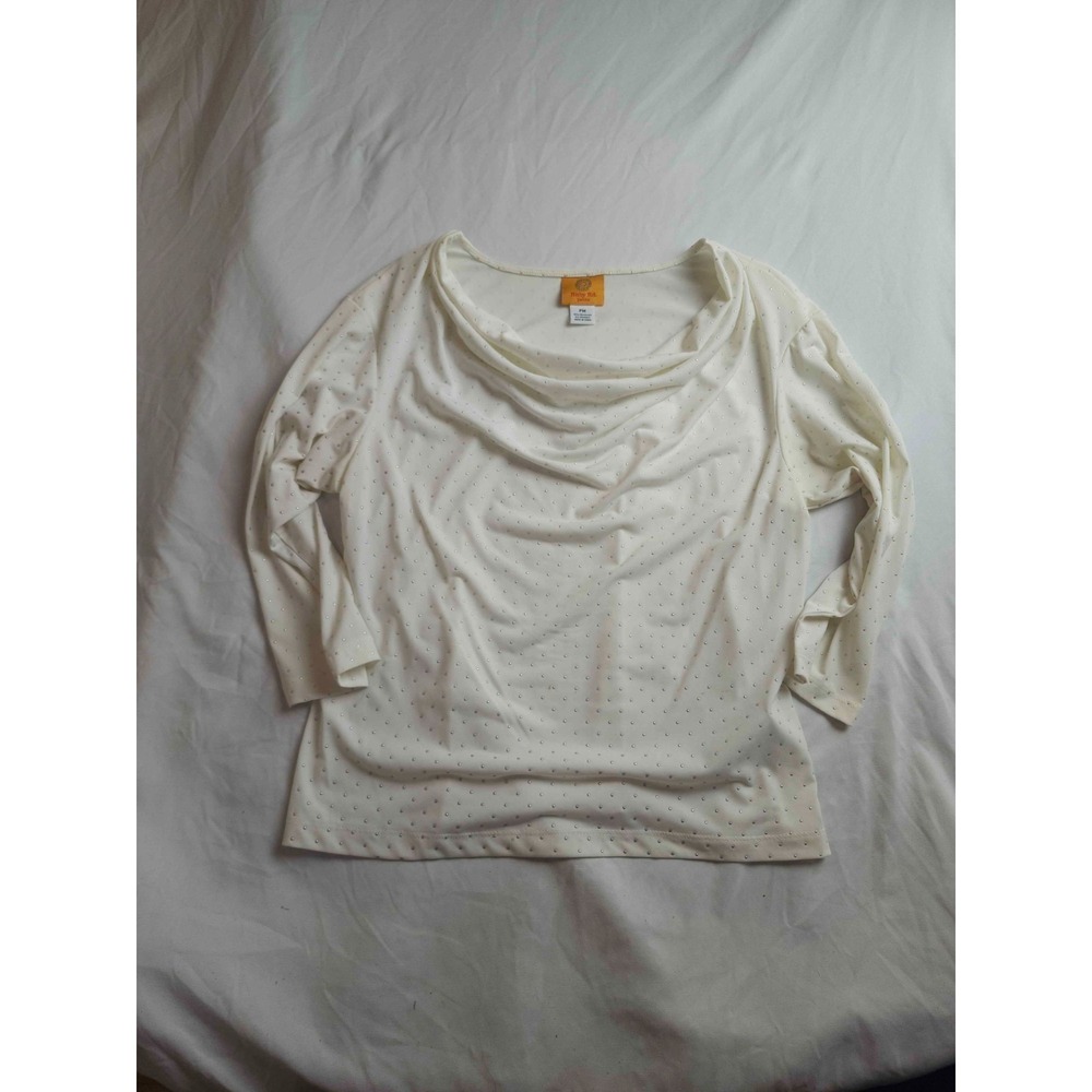 Ruby Rd. Blouse Top Womens Size PM Ivory Studded Cowl Neck Long Sleeve Casual
